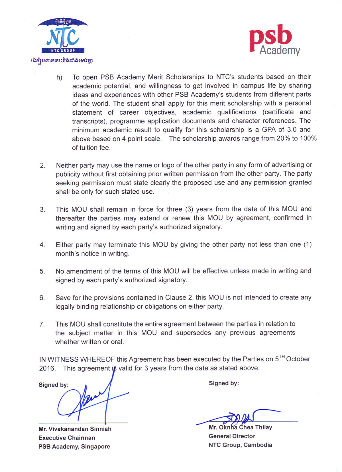 MoU between NTC Group and PSB Academy Singapore - Sovannaphumi-School